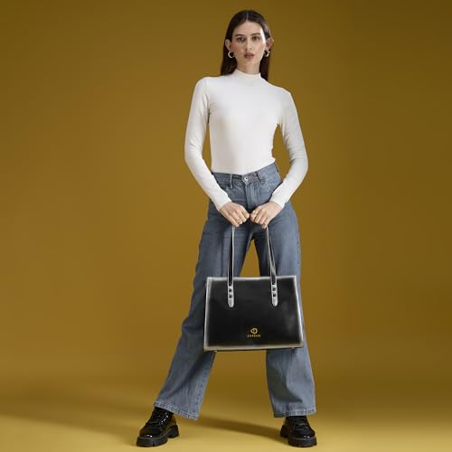 Caprese Dee Large Laptop Compatible Tote Bag for Women with Multi Compartments | Stylish Shoulder Bag with Premium Metal Letter Logo | Perfect for Daily Use Work, Office & Professionals (Black)