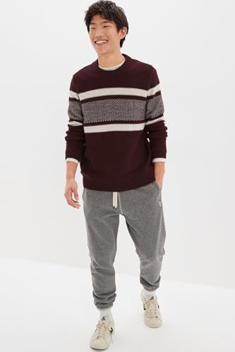 American Eagle Men Burgundy Super Soft Striped Crew Neck Sweater