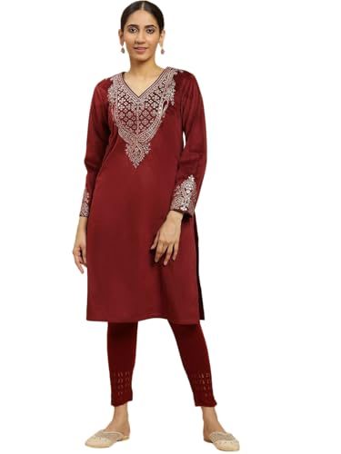 W for Woman Maroon Embroidered Flared Velvet Kurta (Size: 2XL)-24NOW10358-220780