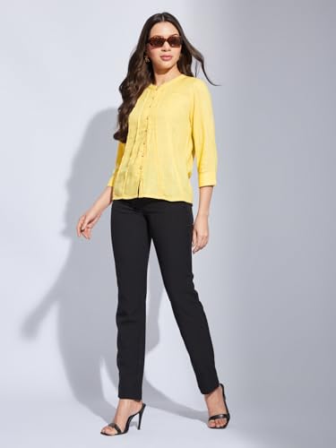 Latin Quarters Women Yellow Mandarin 3/4th Sleeves Solid Shirt Blouse for Casual Wear_L