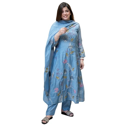 AVYUKTHA | Women Floral Embroidered Tiered Kurta with Palazzos & Dupatta | Thread Work Ethnic Set for Festive, Casual & Party | Blue | Size- M