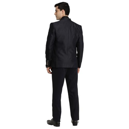 Turtle Men Poly Viscose Mandarin Collar Tailored Fit Navy Blue 2 Piece Party Suits