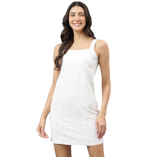 Latin Quarters Women White Square Neck Sleeveless Sheath Mini Dress for Casual_M