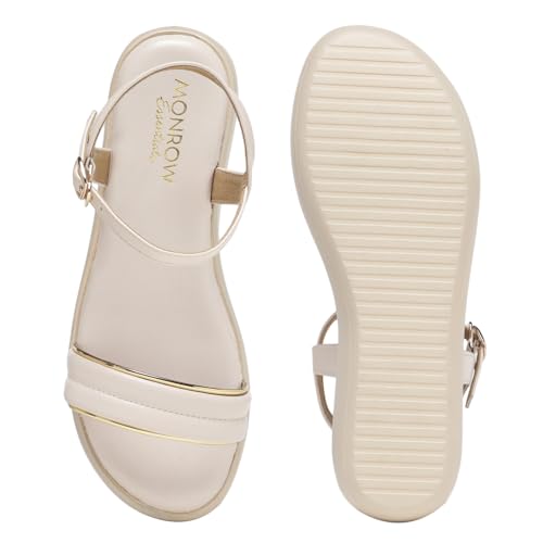 MONROW Fancy and Stylish Extra Cushioning and Comfortable Fashionable Light Weight Allday wear Vegan Wedge Heels for Women and Girls Cream 5UK