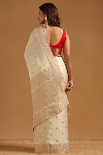 Soch Womens Cream Satin Paisley Zari Woven Saree