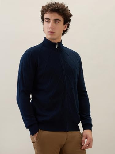 Raymond Men Regular Fit Structure Pattern Acrylic Wool Blend V Neck Full Sleeve Casual Winter Wear Blue