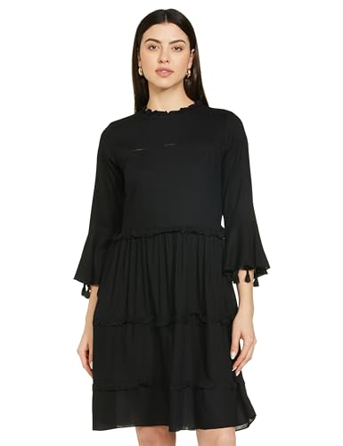 AND Women's Polyester A-Line Knee-Length Dress (EW19AN093DRCLC_Black_S)