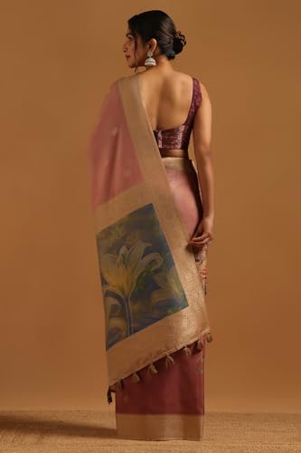 Soch Womens Pink Silk Blend Floral Saree With Zari Woven