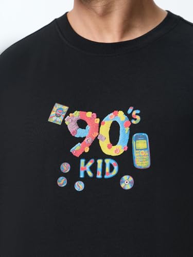 The Souled Store Flashback Fits: 90's Essentials Men and Boys Short Sleeves Round Neck Black Graphic Printed Casual Lightweight Drop Shoulder Streetwear Trendy Oversized T-Shirts