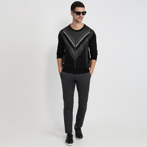 Raymond Men Regular Fit Intarsia Pattern Merino Wool Acrylic Blend Full Sleeve Round Neck Casual Sweater Black