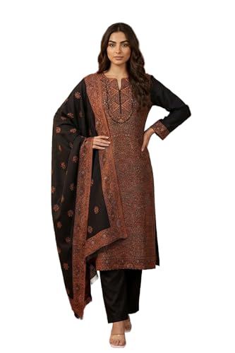 W for Woman Black Ethnic Motifs Woven Design Cotton Blend Straight Kurta with Pant and Dupatta Set - (WS13308-314491-L)