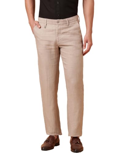 Linen Club Men's Pure Linen Solid Regular Fit Casual Trouser Beige
