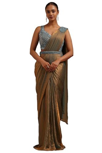 Soch Womens Turquoise Blue Organza Solid Ready To Wear Saree