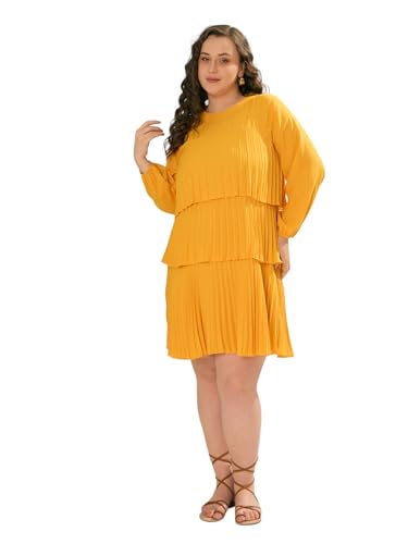 SASSAFRAS Curve Women's Heavy Georgette Above The Knee Tiered Skater Dress (SFDRSS12916_Mustard_4XL)