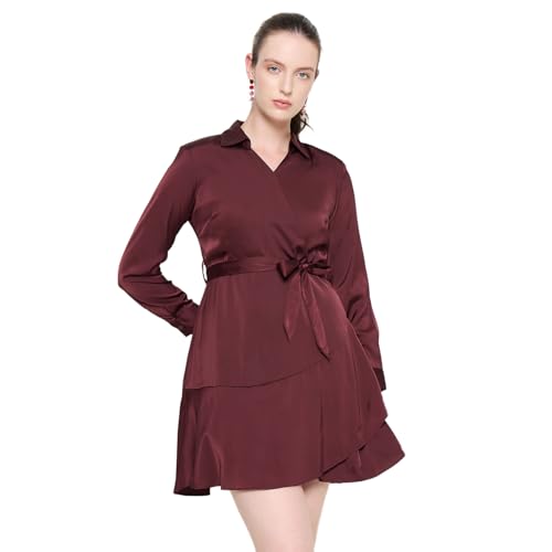 Madame Fabric Belted Cuff Sleeve Solid Chocolate Brown Satin Short Dress