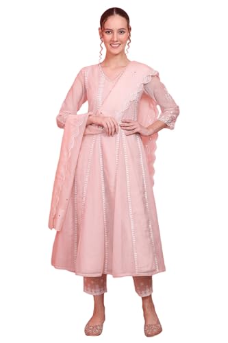 Wishful Women's Pastel Pink Embroidered Festive Anarkali Kurta, Pants and Dupatta Set (Size: XL)-SP12463-221478