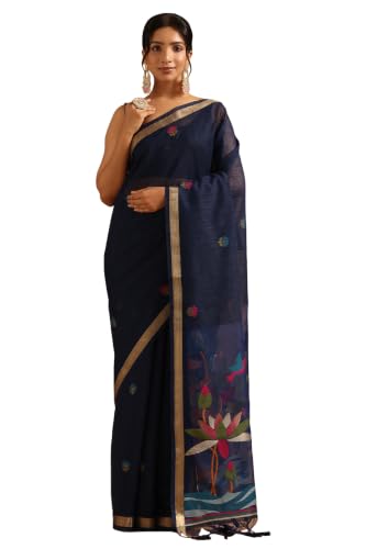 Soch Womens Navy Blue Organza Woven Design Saree