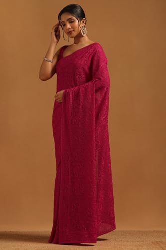 Soch Womens Fuchsia Georgette Botanical Saree With Stone Work