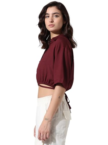 ONLY Women Solid Linen Crop Length Maroon Shirt