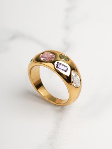 PALMONAS Multi Stone Unique Gold Ring (Size-7) Gifts For Girlfriend | Gift For Women & Girls