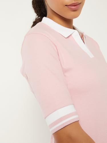 Max Women Knit Textured Johnny Collar Sports T-Shirt (Pink_XL)