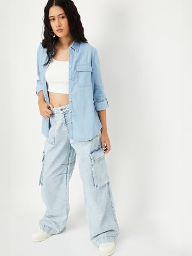 Max Women Washed Denim Shirt (Blue_L)