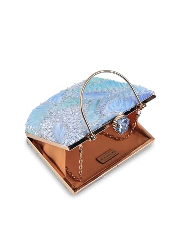 THE TAN CLAN Women's Blue Sequin Beaded Box Clutch Purse | Bridal Wedding Party Evening Handbag | Stylish Ethnic Crossbody Bag with Gold Chain Strap and Metal Handle for Women