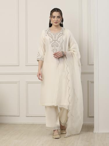BIBA Women White Silk Chanderi Straight Suit Set_42