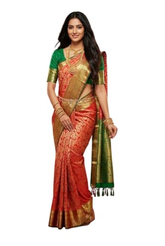 SREE KUMARAN Women's Traditional Handloom Kanchipuram Silk Pure Pattu Sarees | Unstitched Blouse (VSK102-3), Multicolour