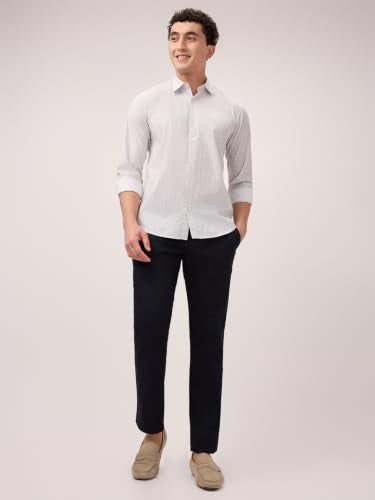 Park Avenue Men Slim Fit Print Pattern Pure Cotton Semi Cut Away Collar Full Sleeve Casual Shirt White