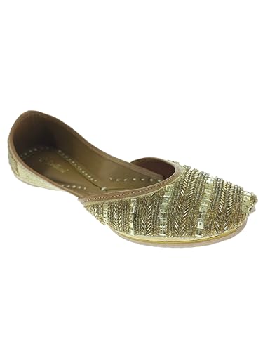 Fulkari Women's Celosia Skin Gold Soft Leather Embroidered Jutis | Bite and Pinch Free Jutti | Punjabi Formal Juttis | Girl's Wedding Flat Ladies Mojari | Formal Ethnic Juti | 36