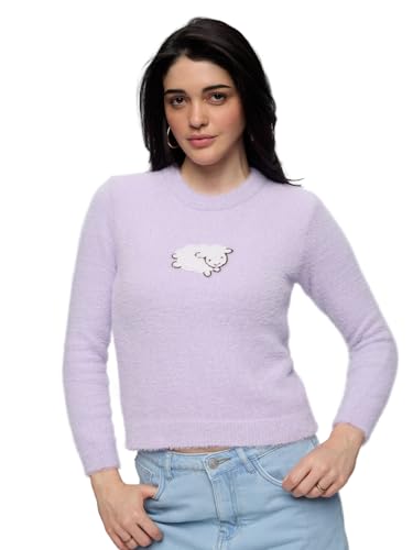 The Souled Store Cozy Knit: Lily Women and Girls Full Sleeves Round Neck Embroidered Nylon Regular Fit Lightweight Casual Everyday Street Wear Winter Knitted Sweater