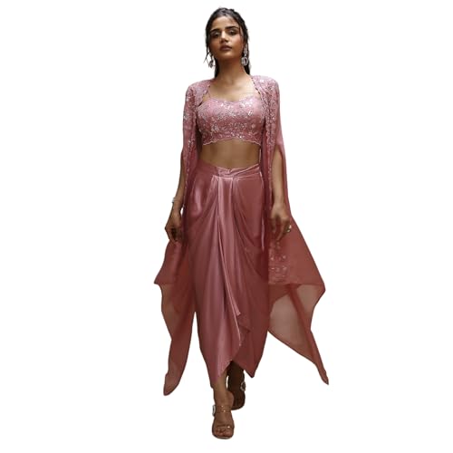 BIBA Women Rose Pink Viscose Organza Fusion Skirt Set_36