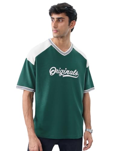 The Souled Store Racer Men and Boys Short Sleeves V-Neck Dark Green Colour-Block Retro Athletic Casual Drop Shoulder Streetwear Trendy Oversized T-Shirt