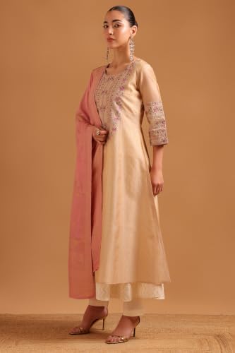 Soch Womens Beige Tissue Floral Printed Embroidered Woven Beads And Stones Salwar Suit