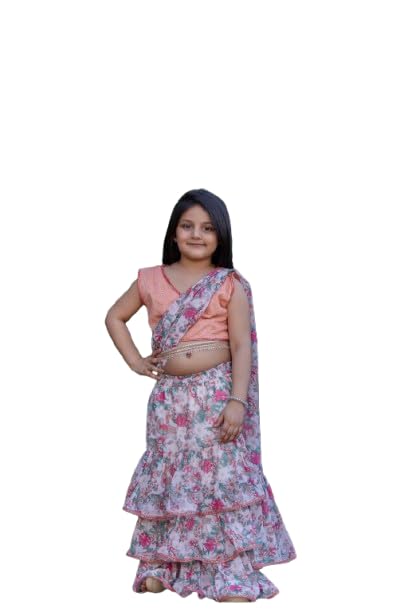 Jaipurite Kids Festive Ruffle Lehenga Saree with Choli | Stylish Indian Wear for Girls (Multi-2, 6-7 Y)