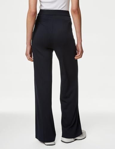 Solid Navy Blue Viscose Womens Wide Leg Jersey Stretch Trousers