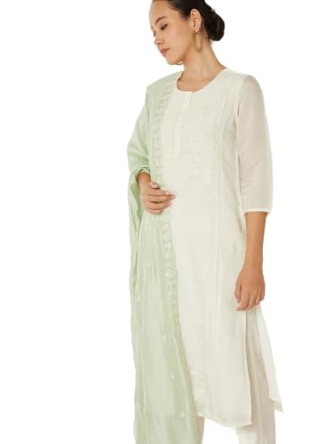 Max Women Embroidered Straight Kurta Set(Off White_L)