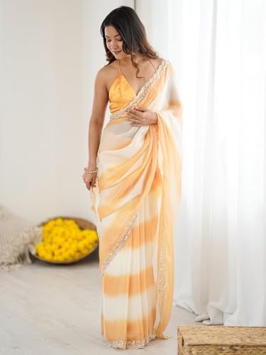 AKHILAM Women's Yellow Shimmer Satin Tie and Dye Printed Saree With Unstitched Blouse Piece (AARYAN20406_KR)