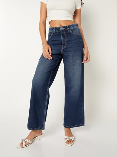 Max Women Washed Wide Leg Jeans(Blue_34)