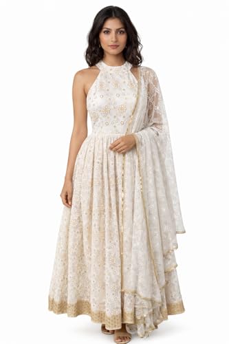 Glinty Chic Women's Embroidered Gown with Dupatta, White and Gold, Halter Neck, Floral Embroidery, Lace-Up Back (in, Alpha, M, Regular)