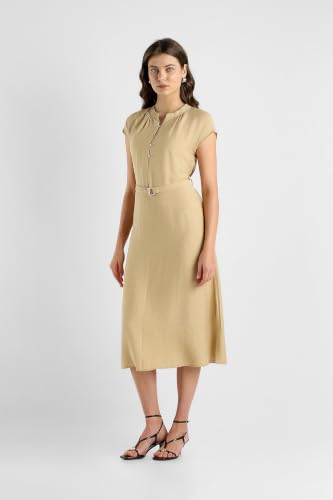 Women Beige Solid Knee Length Casual Dress