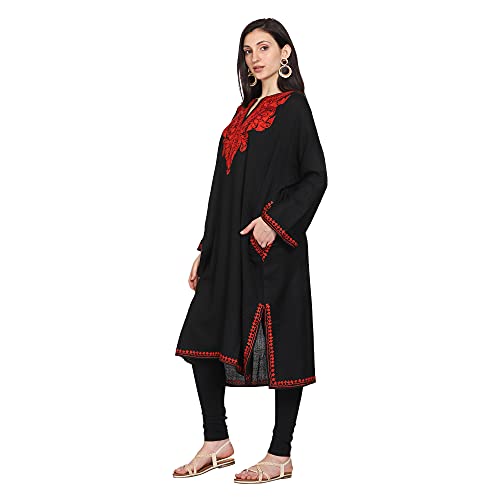 CRAFTBAZAR Kashmiri Woolen Black phiran with red Embroidery Plus Size