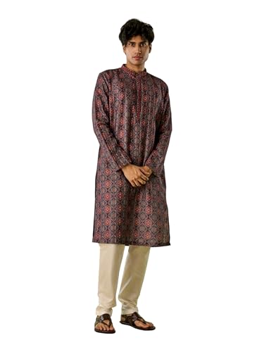 DIWAS BY MANYAVAR Men's Art Silk Digital Ajrakh Block Print Kurta Set (Dark Blue,L)