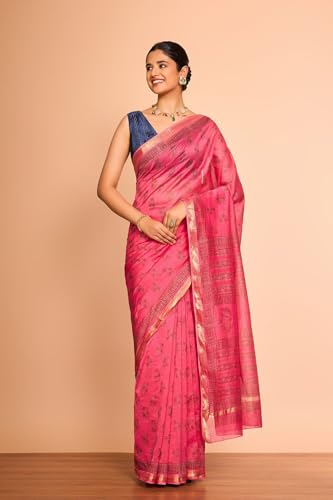 Taneira Women Pink Rajasthan Pure Silk Cotton Printed Sanganeri Saree with Unstitched Blouse Piece (SAPP01AC6737-Pink)