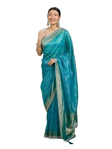MOHEY Women's Art Silk Mirror Work Zari Saree(Teal Blue)