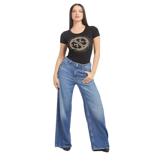 GUESS Women Black Embellished Round Neck Short Sleeves T-Shirt