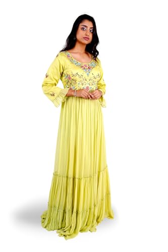 KIYANA'S Women's Georgette Traditional Outfit with Long Boutique Gown with Frills | Full Sleeve with Short Frills, (Size:-L) Olive Green