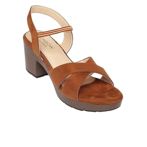MONROW Maria Suede Leather Block Heels for Women, Brown, UK-6 | Fancy & Stylish Heel sandals, Casual, Comfortable Fashion Heel Sandal