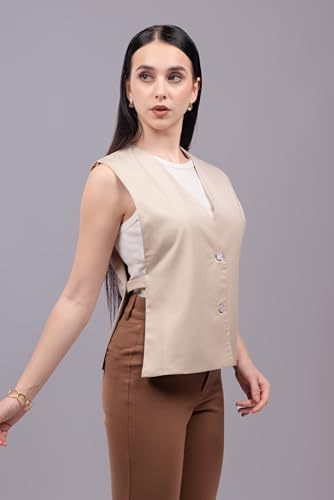 ZLAATA Formal Waistcoat Top for Women | Club Lycra Fabric | V Neck Style | Sleeveless Side Open Design with Buckle Detail | Regular Fit | Straight Hemline Tops for Woman | Pack of 1 (Beige, S)